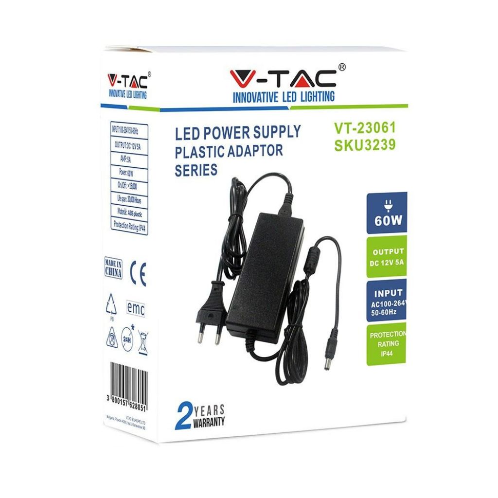 V-TAC Alimentatore in Plastica 60W 12V 5A Plug&Play con Jack 2.1 Colore Nero Cavo da 2.4m IP44