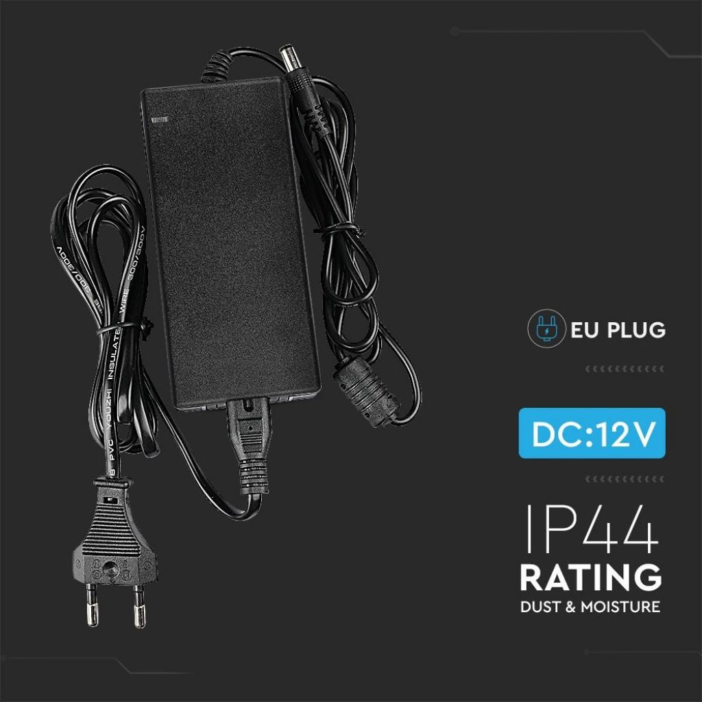 V-TAC Alimentatore in Plastica 60W 12V 5A Plug&Play con Jack 2.1 Colore Nero Cavo da 2.4m IP44