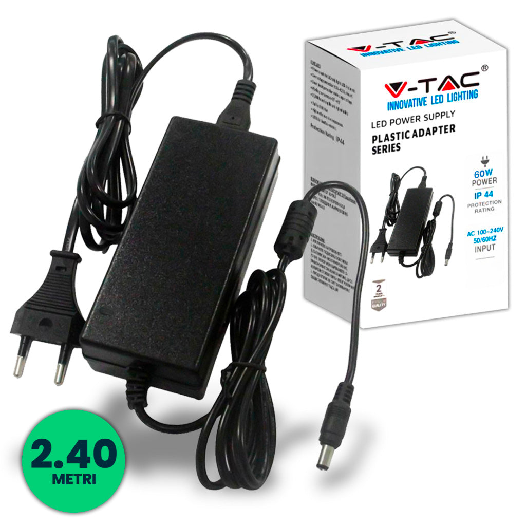 V-TAC Alimentatore in Plastica 60W 12V 5A Plug&Play con Jack 2.1 Colore Nero Cavo da 2.4m IP44