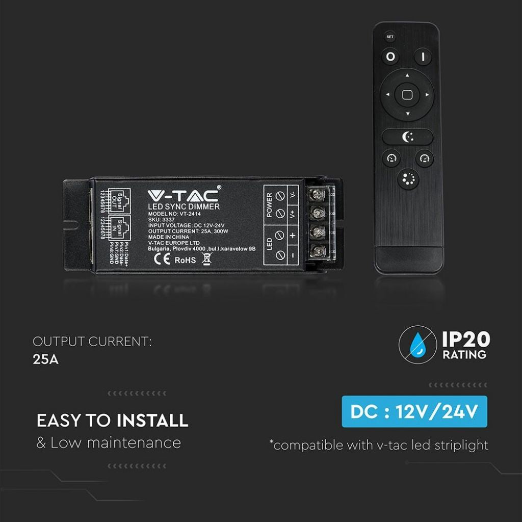 V-TAC Controller Dimmer Sync 1 Canale con Porta RJ45 e Telecomando RF per Strisce LED Monocolore 12-24V, 25A, Fino a 300W