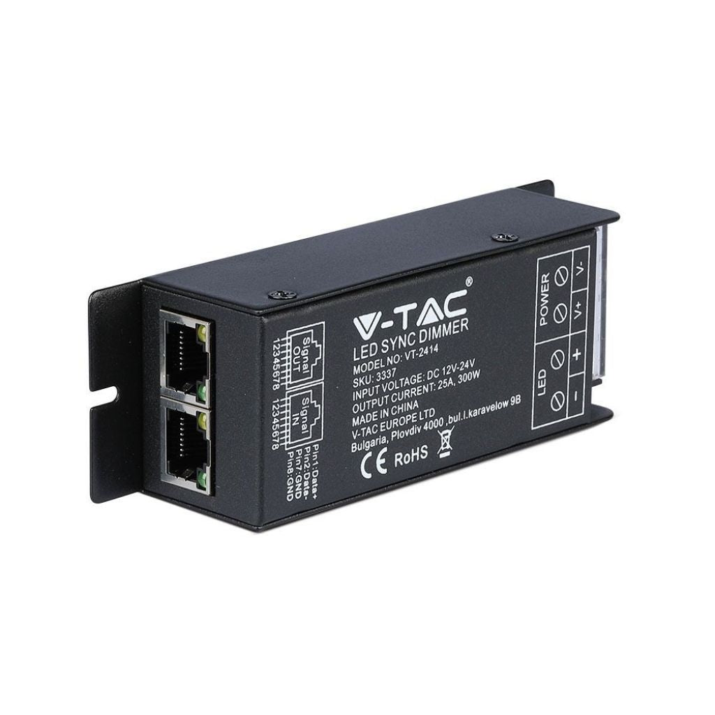 V-TAC Controller Dimmer Sync 1 Canale con Porta RJ45 e Telecomando RF per Strisce LED Monocolore 12-24V, 25A, Fino a 300W