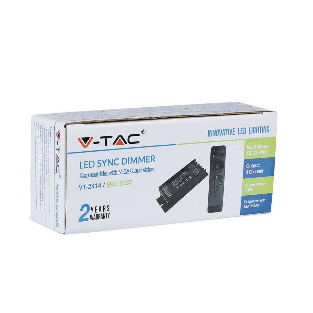 V-TAC Controller Dimmer Sync 1 Canale con Porta RJ45 e Telecomando RF per Strisce LED Monocolore 12-24V, 25A, Fino a 300W