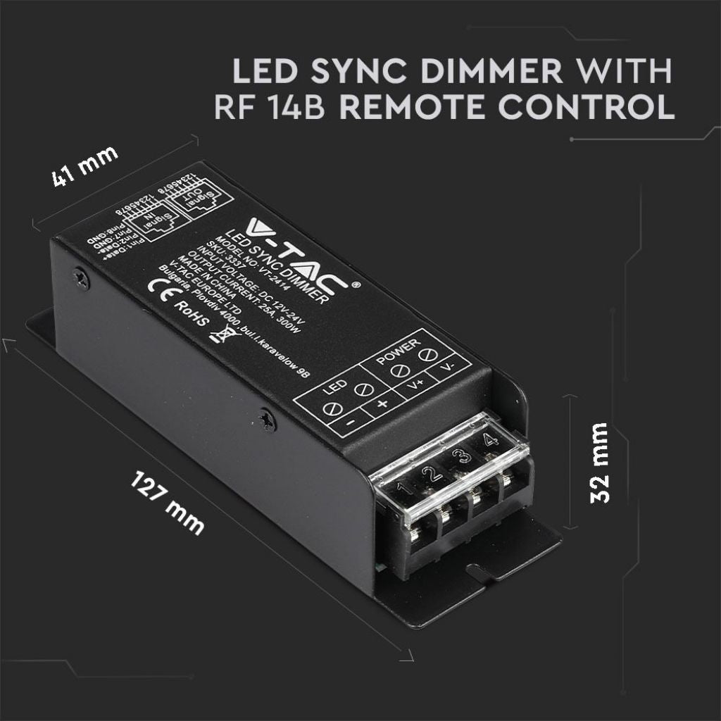 V-TAC Controller Dimmer Sync 1 Canale con Porta RJ45 e Telecomando RF per Strisce LED Monocolore 12-24V, 25A, Fino a 300W