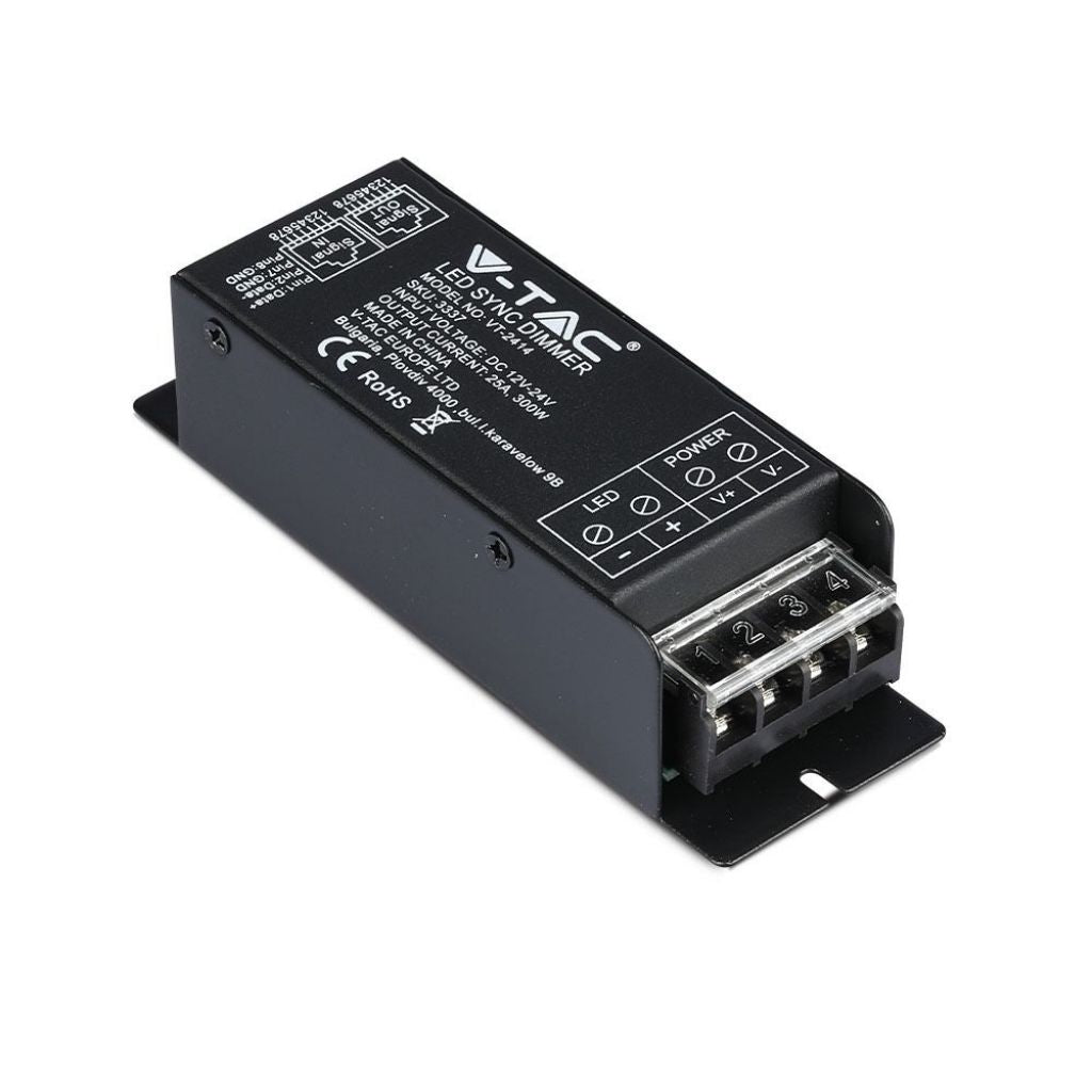 V-TAC Controller Dimmer Sync 1 Canale con Porta RJ45 e Telecomando RF per Strisce LED Monocolore 12-24V, 25A, Fino a 300W