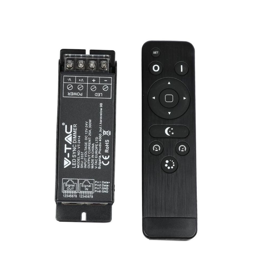 V-TAC Controller Dimmer Sync 1 Canale con Porta RJ45 e Telecomando RF per Strisce LED Monocolore 12-24V, 25A, Fino a 300W