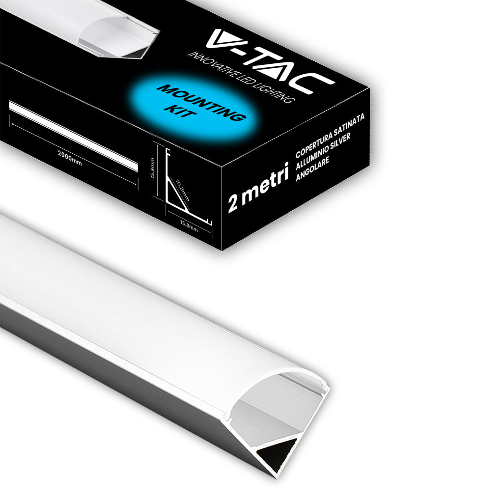 V-TAC Profilo in Alluminio Angolare Colore Silver per Strip LED (Max l: 10,5mm) Copertura Satinata 2000 x 15,8 x 15,8mm