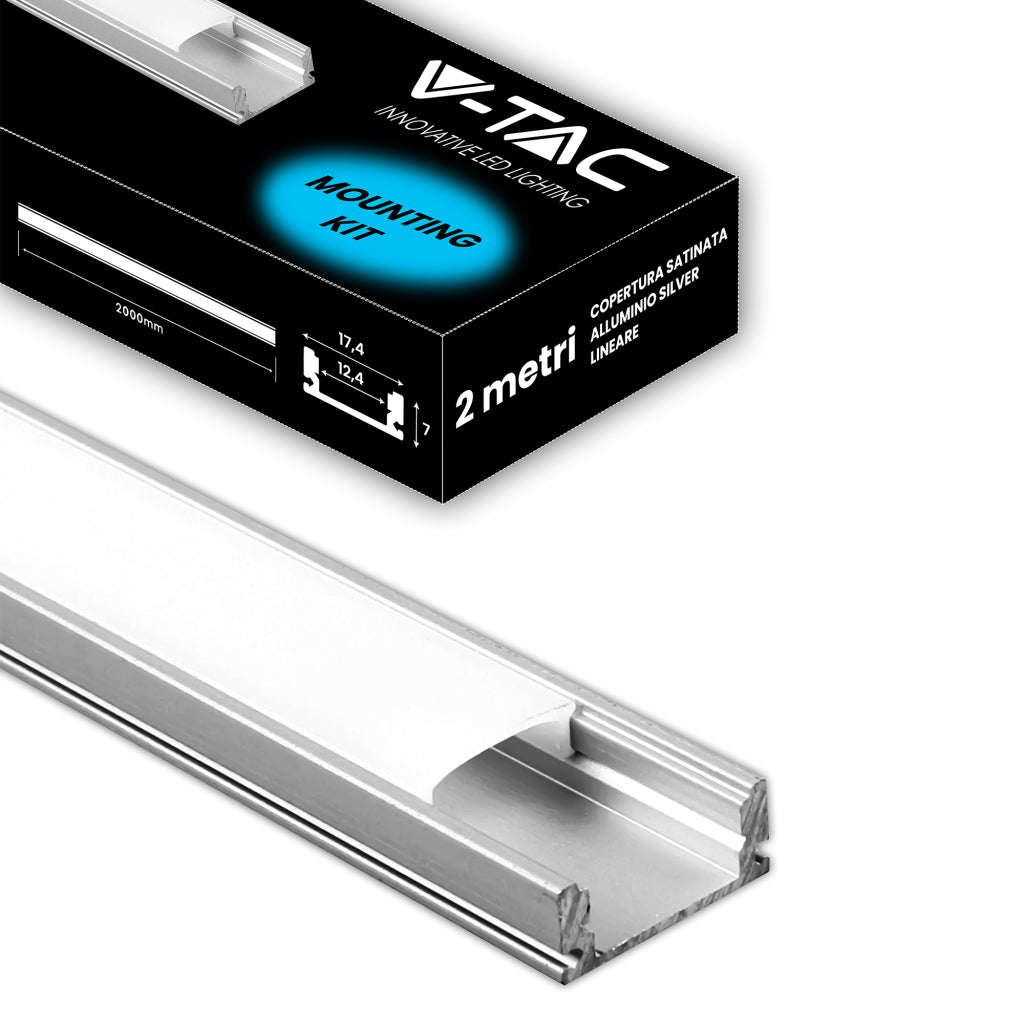 V-TAC Profilo in Alluminio Colore Silver per Strip LED (Max l: 12,4mm) Copertura Satinata 2000 x 17,4 x 7mm