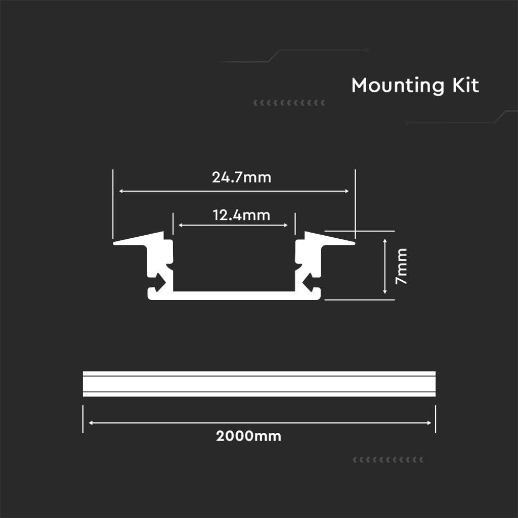 V-TAC Profilo in Alluminio Colore Bianco per Strip LED a Incasso (Max l: 12,4mm) 2000 x 24,7 x 7mm