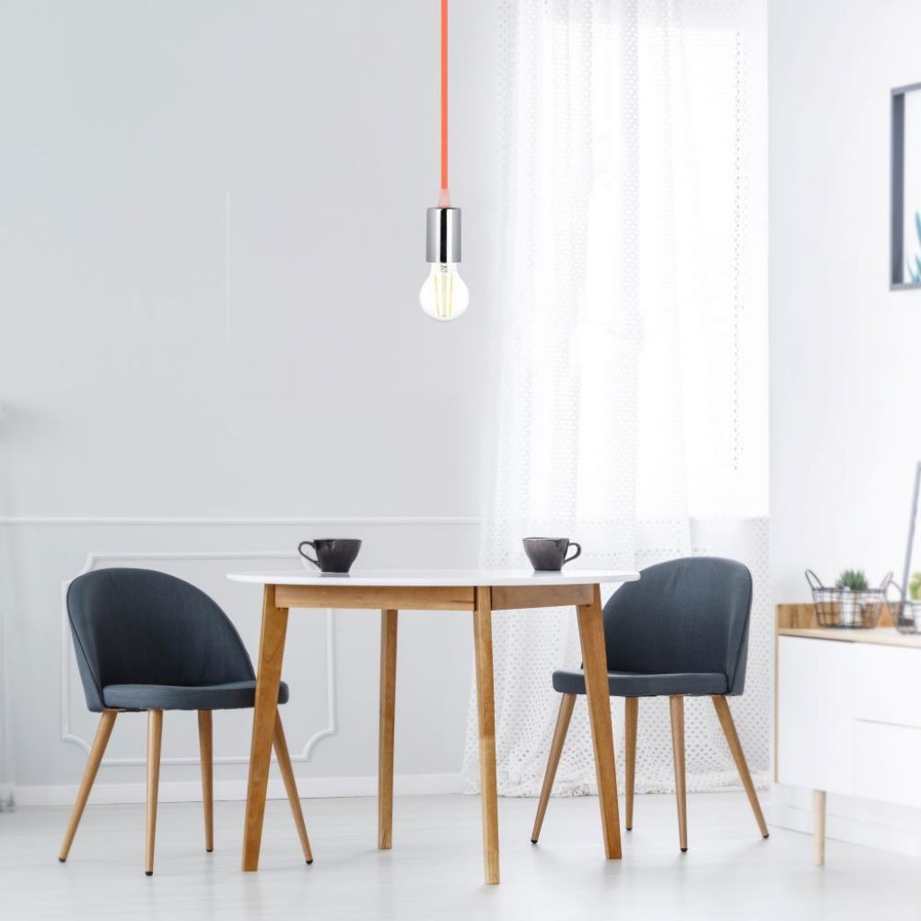 V-TAC Lampadario LED a Cilindro in Metallo con Portalampada E27 (Max 60W) L:100cm Colore Cromato e Cavo Arancione