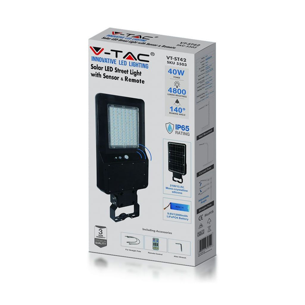V-TAC Armatura Stradale LED SMD 40W 120LM/W con Pannello Solare, Sensore PIR e Telecomando, Colore Nero 4000K IP65