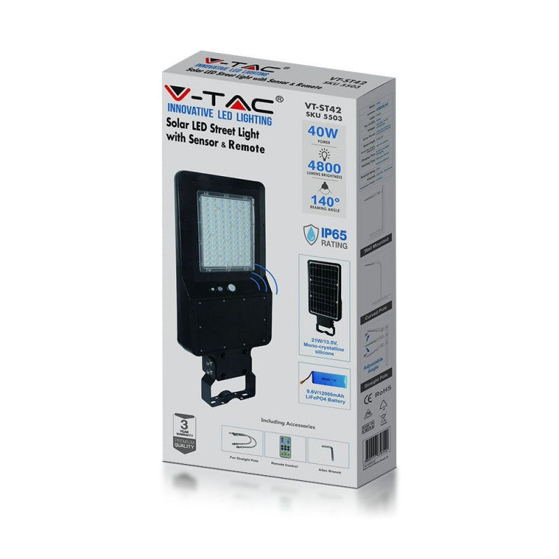 V-TAC Armatura Stradale LED SMD 40W 120LM/W con Pannello Solare, Sensore PIR e Telecomando, Colore Nero 6000K IP65