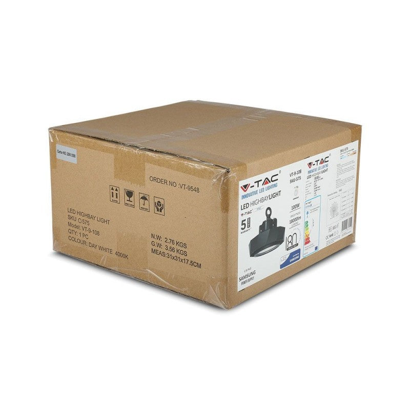 V-TAC PRO Campana Industriale LED Chip Samsung 100W 180LM/W UFO Driver Samsung Colore Nero 120° 6400K IP65 Dimmerabile ( 1-10V )