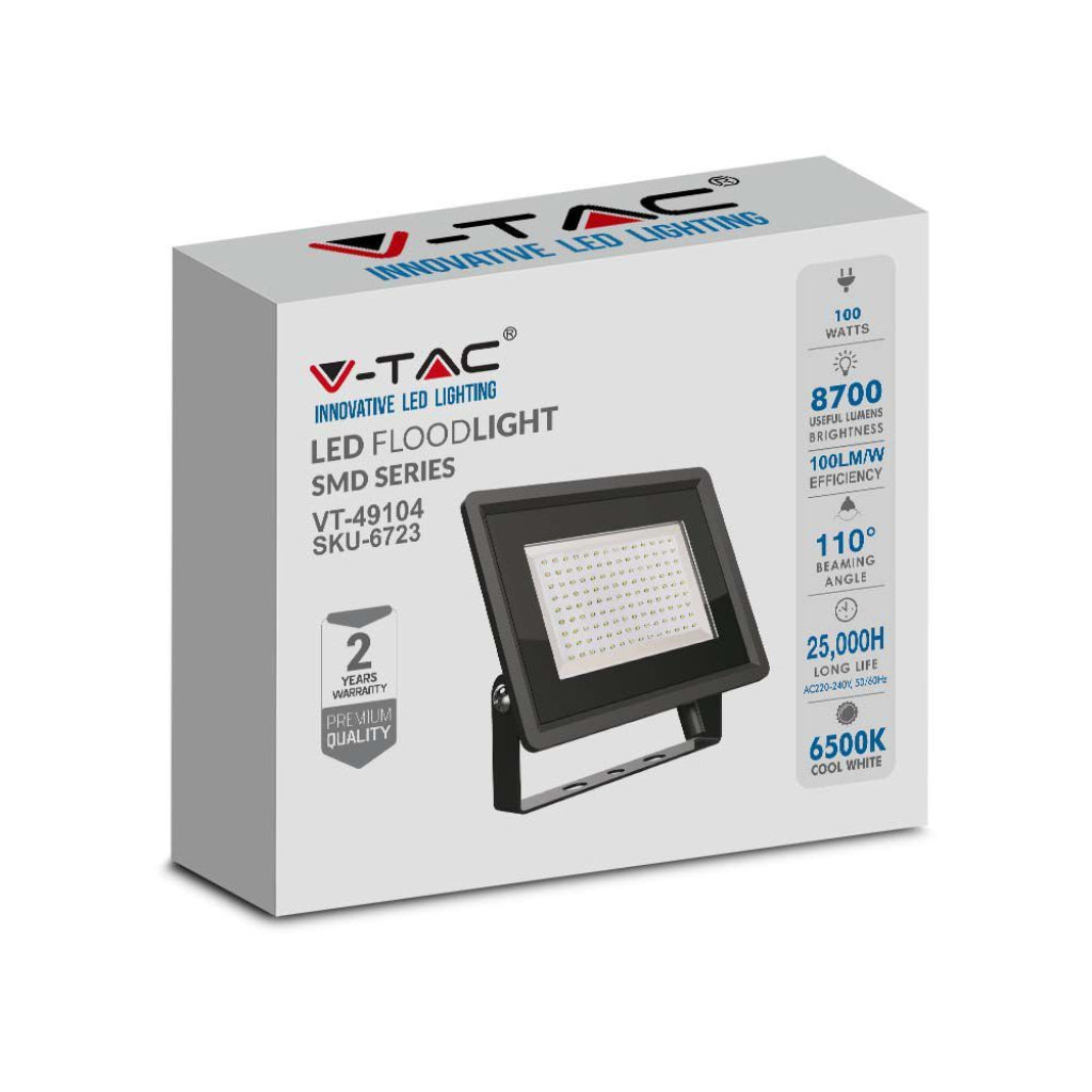 V-TAC Faro LED SMD 100W F-Series con Driver IC Integrato Colore Nero 6400K IP65