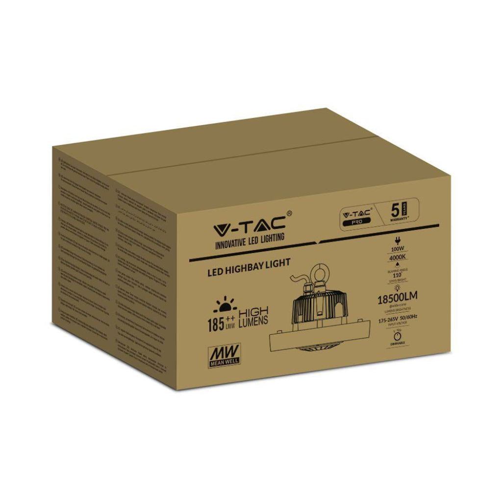 V-TAC Campana Industriale LED 100W 185LM/W UFO con Driver MeanWell 110° 4000K IP65 Dimmerabile ( 1-10V )