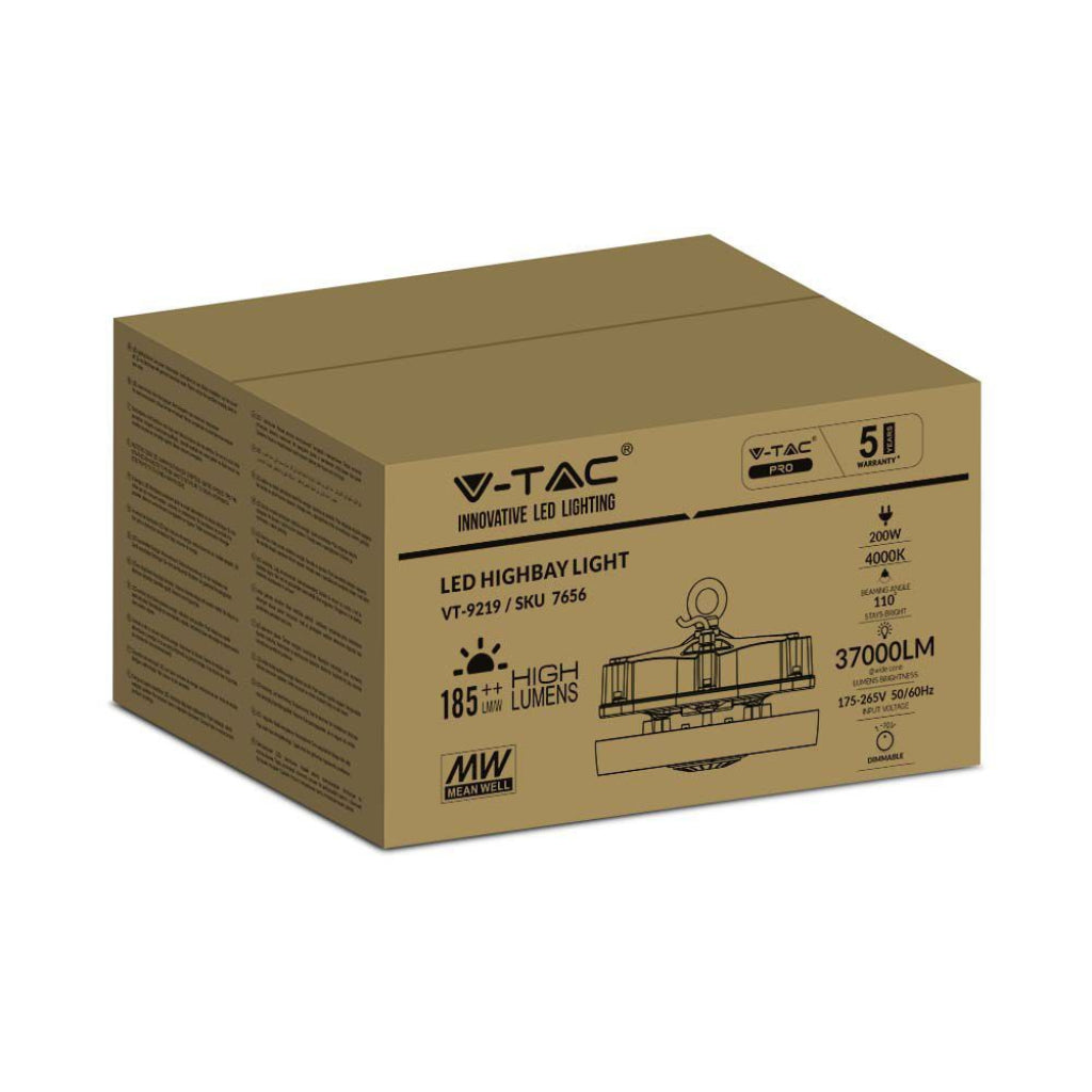 V-TAC Campana Industriale LED 200W 185LM/W UFO con Driver MeanWell 360° 4000K IP65 Dimmerabile ( 1-10V )