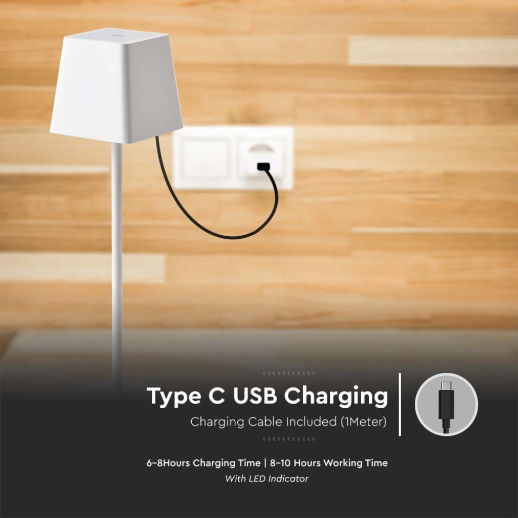 V-TAC Lampada LED da Tavolo 2W Colore Bianco in Alluminio ricaricabile con USB C Touch Dimmerabile 3000K IP54