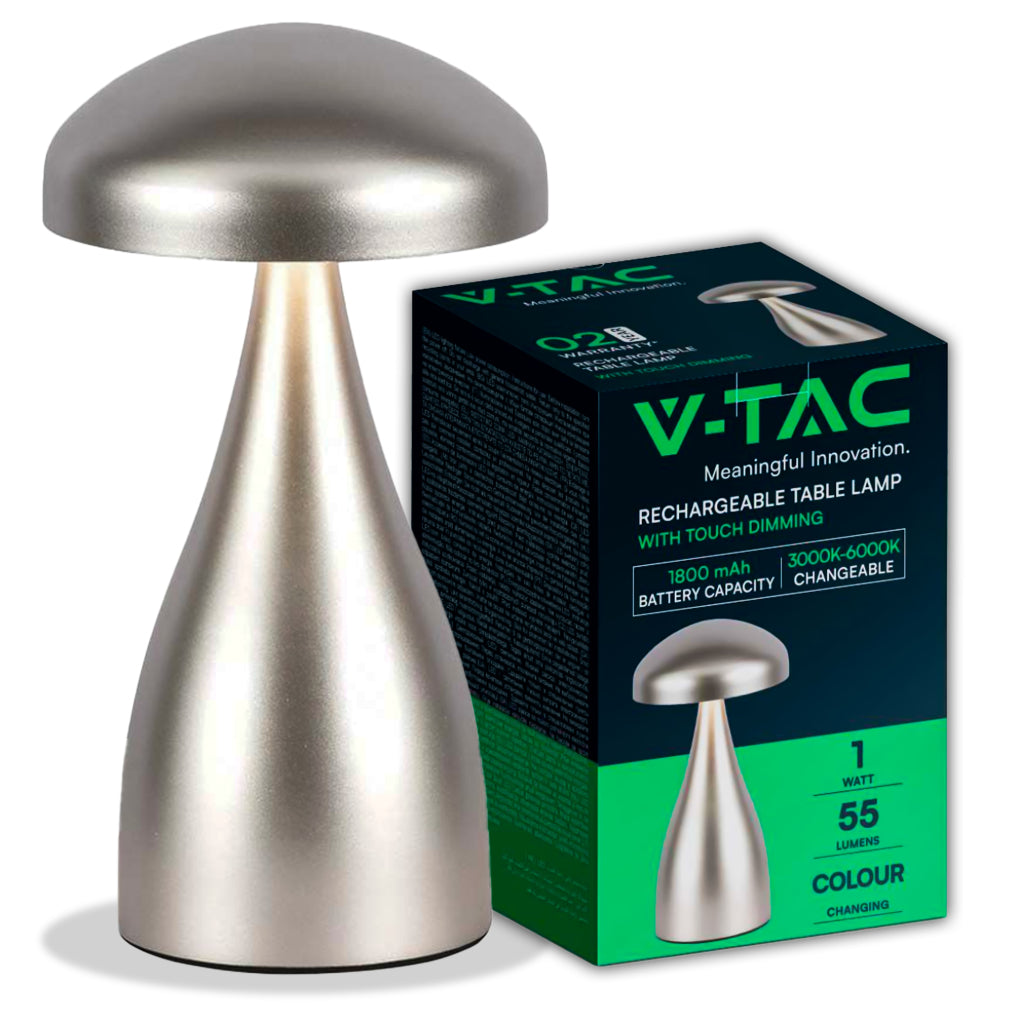 V-TAC Lampada LED da Tavolo 1W con Batteria 800mAh Ricaricabile USB C Colore Champagne in Metallo Touch Dimmerabile 3in1