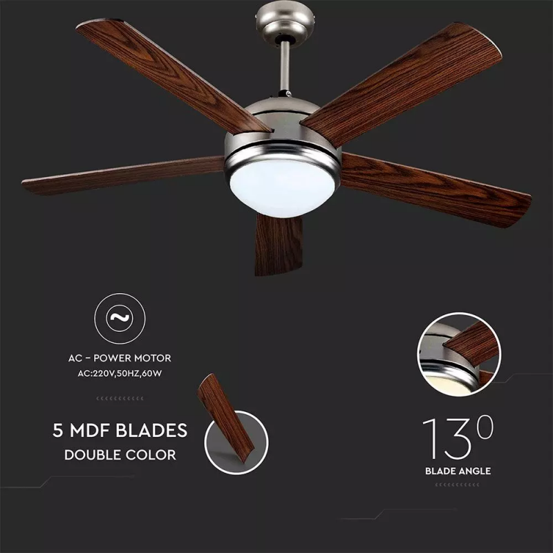 V-TAC Ventilatore LED da Soffitto 15W 3 in 1 con Motore a Corrente Alternata da 60W con Telecomando 5 pale (Mdf Scure)