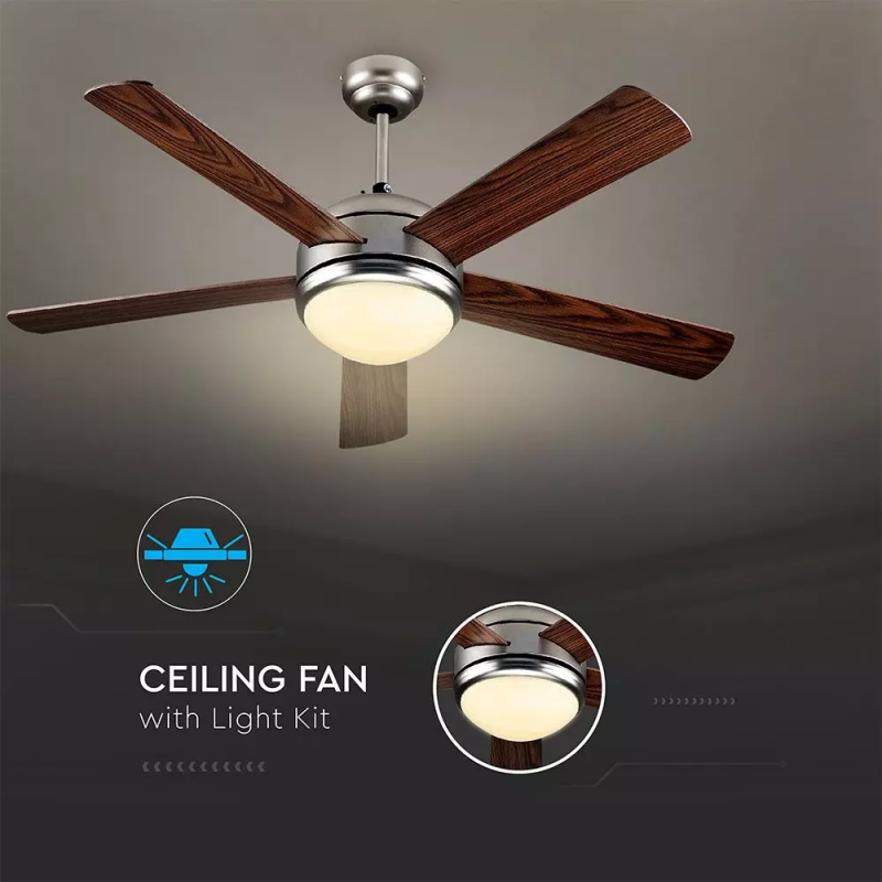 V-TAC Ventilatore LED da Soffitto 15W 3 in 1 con Motore a Corrente Alternata da 60W con Telecomando 5 pale (Mdf Scure)