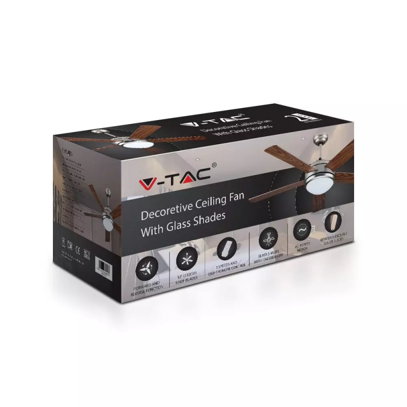 V-TAC Ventilatore LED da Soffitto 15W 3 in 1 con Motore a Corrente Alternata da 60W con Telecomando 5 pale (Mdf Scure)