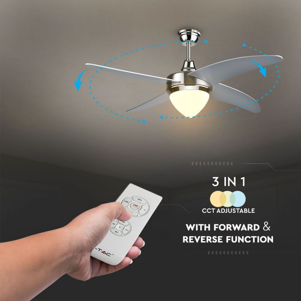 V-TAC Ventilatore LED da Soffitto 15W 3 in 1 con Motore a Corrente Alternata da 60W con Telecomando 4 pale