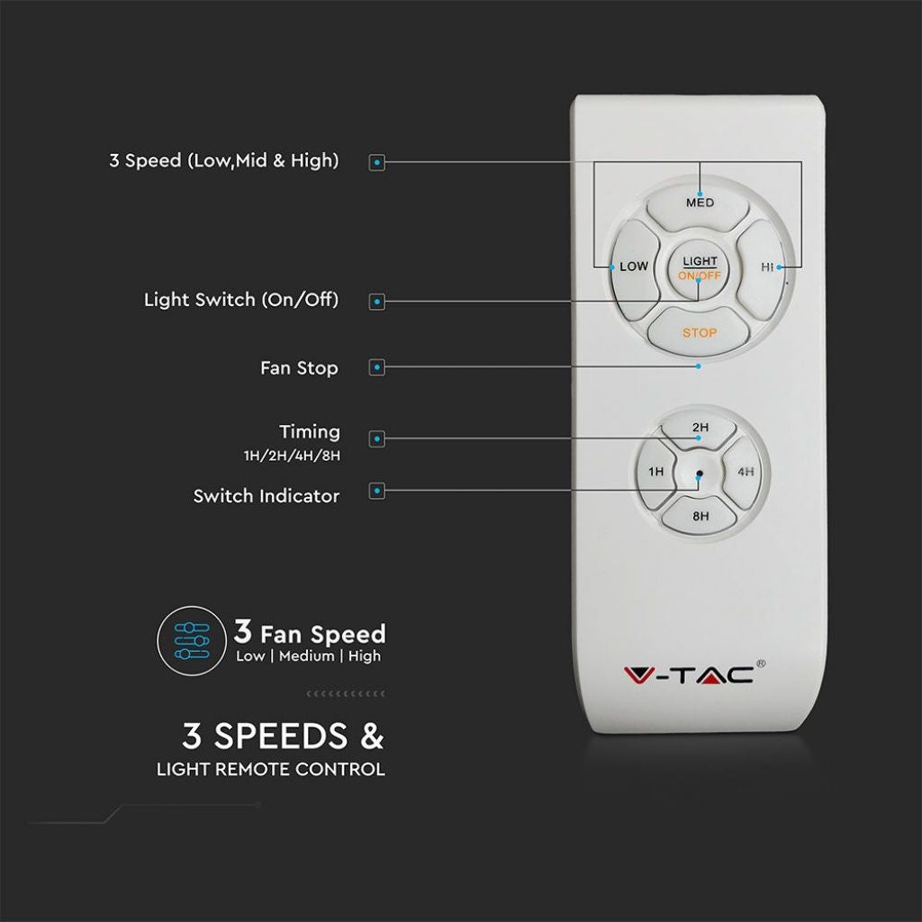 V-TAC Ventilatore LED da Soffitto 15W 3 in 1 con Motore a Corrente Alternata da 60W con Telecomando 4 pale