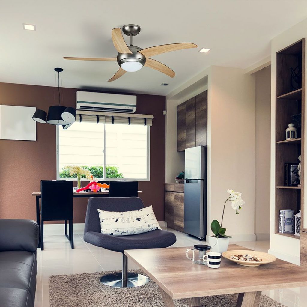 V-TAC Ventilatore LED da Soffitto 2*E27 con Motore a Corrente Alternata da 60W con Telecomando 5 pale (Mdf Chiare)