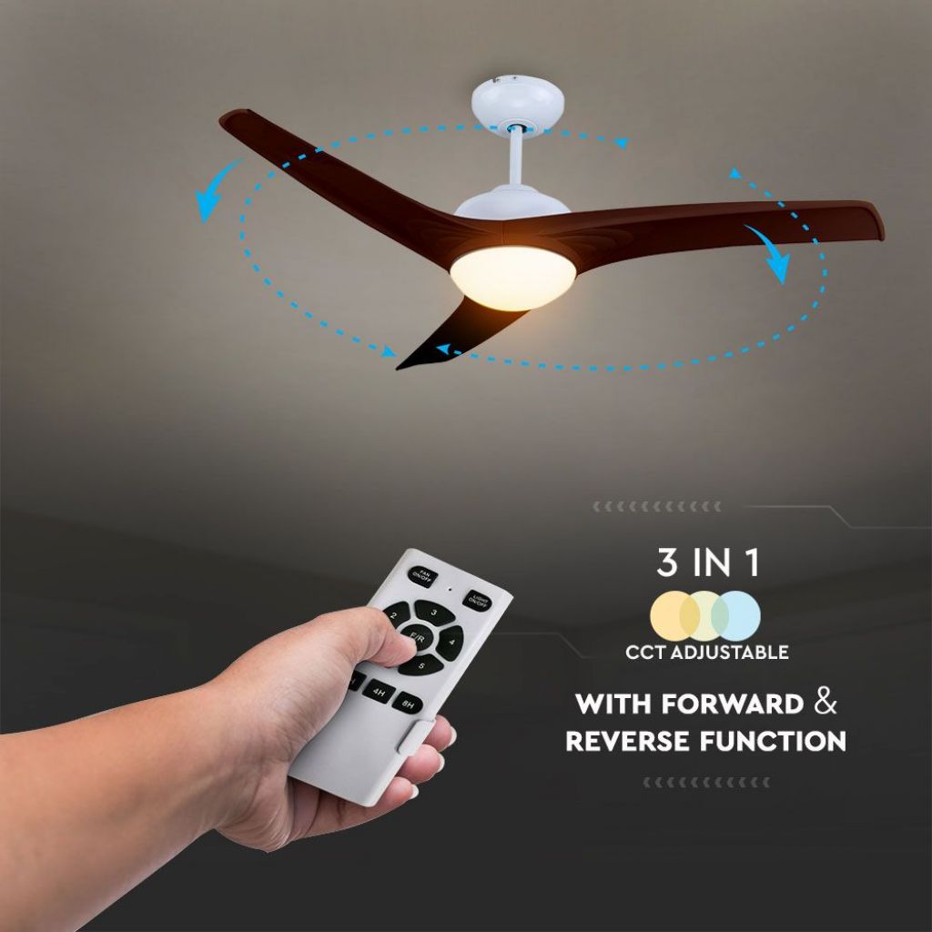 V-TAC Ventilatore LED da Soffitto 15W 3 in 1 con Motore a Corrente Continua da 35W con Telecomando 3 pale Marroni