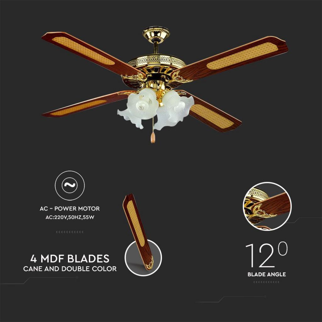 V-TAC Ventilatore LED da Soffitto 4*E27 in Vetro con Motore a Corrente Alternata da 55W 4 pale