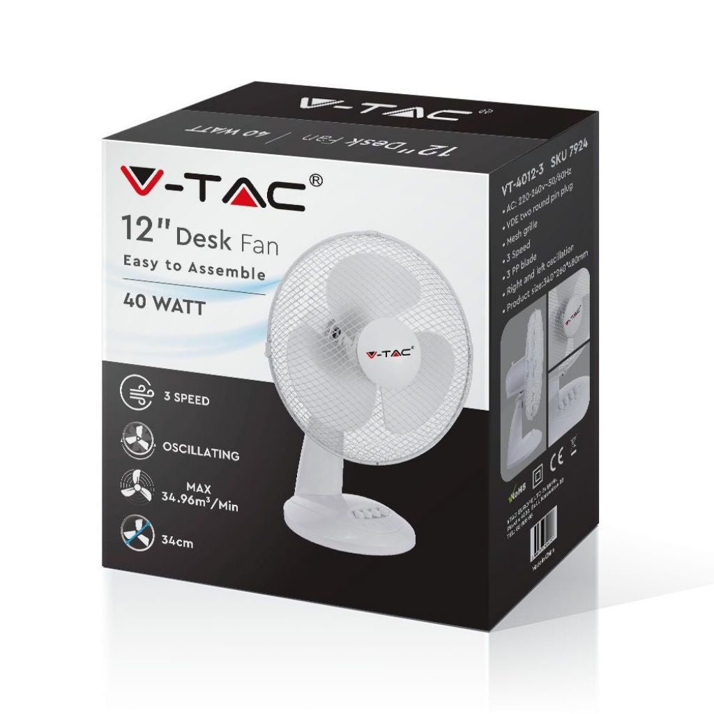 V-TAC Ventilatore da Scrivania 40W 3 Pale a 3 Velocità Rotante Colore Bianco (340mm)