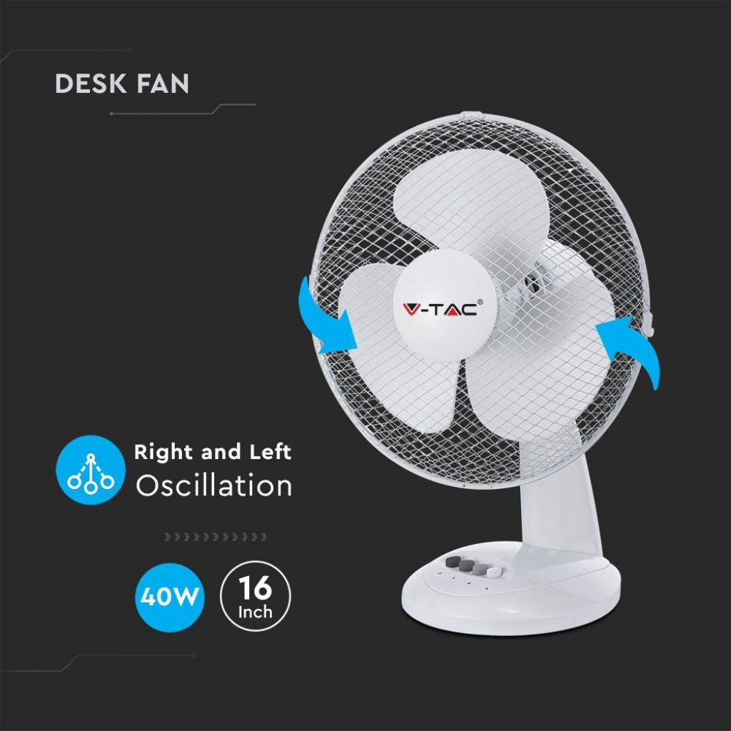 V-TAC Ventilatore da Scrivania 40W 3 Pale a 3 Velocità Rotante Colore Bianco (410mm)
