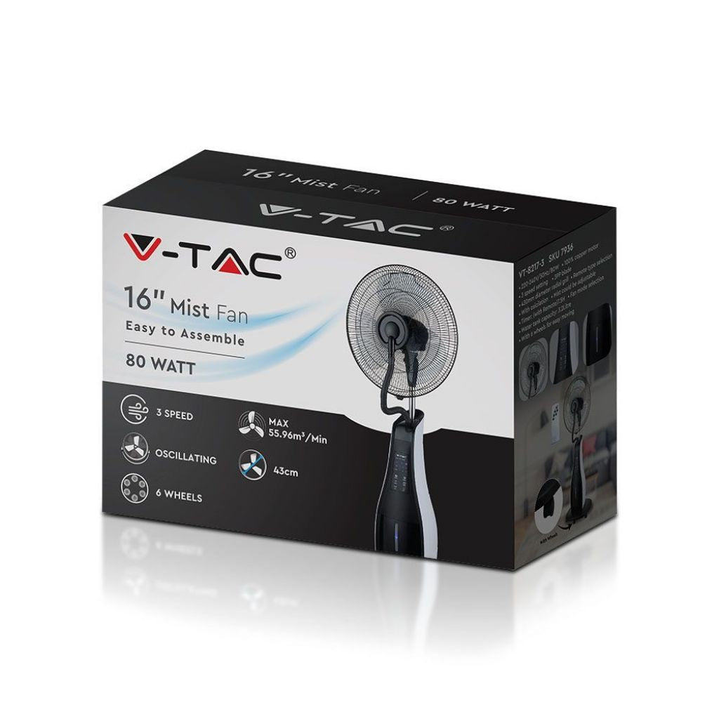 V-TAC Ventilatore Nebulizzatore LED 80W con 3 Pale da 17" Base Rotonda e Telecomando (Capacità 3.2L)