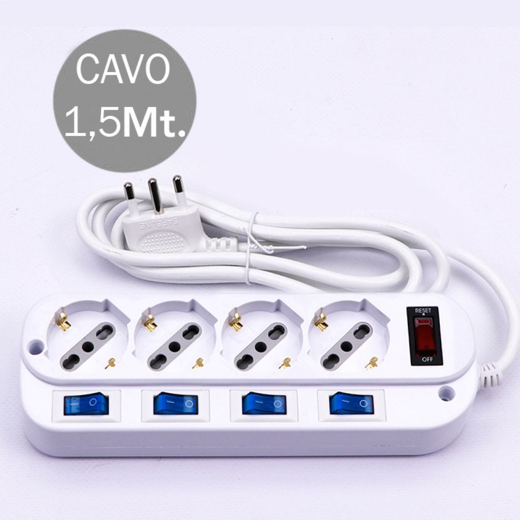 V-TAC Multipresa con 4 Prese 10/16A 2P+T Bipasso/Schuko 45° e 4 Interruttori Indipendenti e Protezione Sovraccarico 3500W e Cavo 1,5m Spina 16A 2P+T