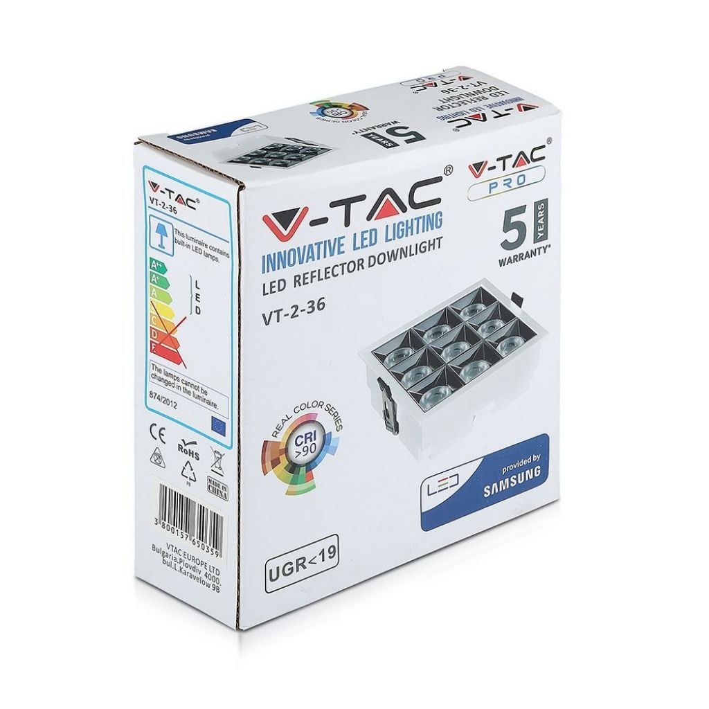 V-TAC PRO Faretto LED Chip Samsung da Incasso 36W (9*4W) UGR<19 12° 4000K CRI>90