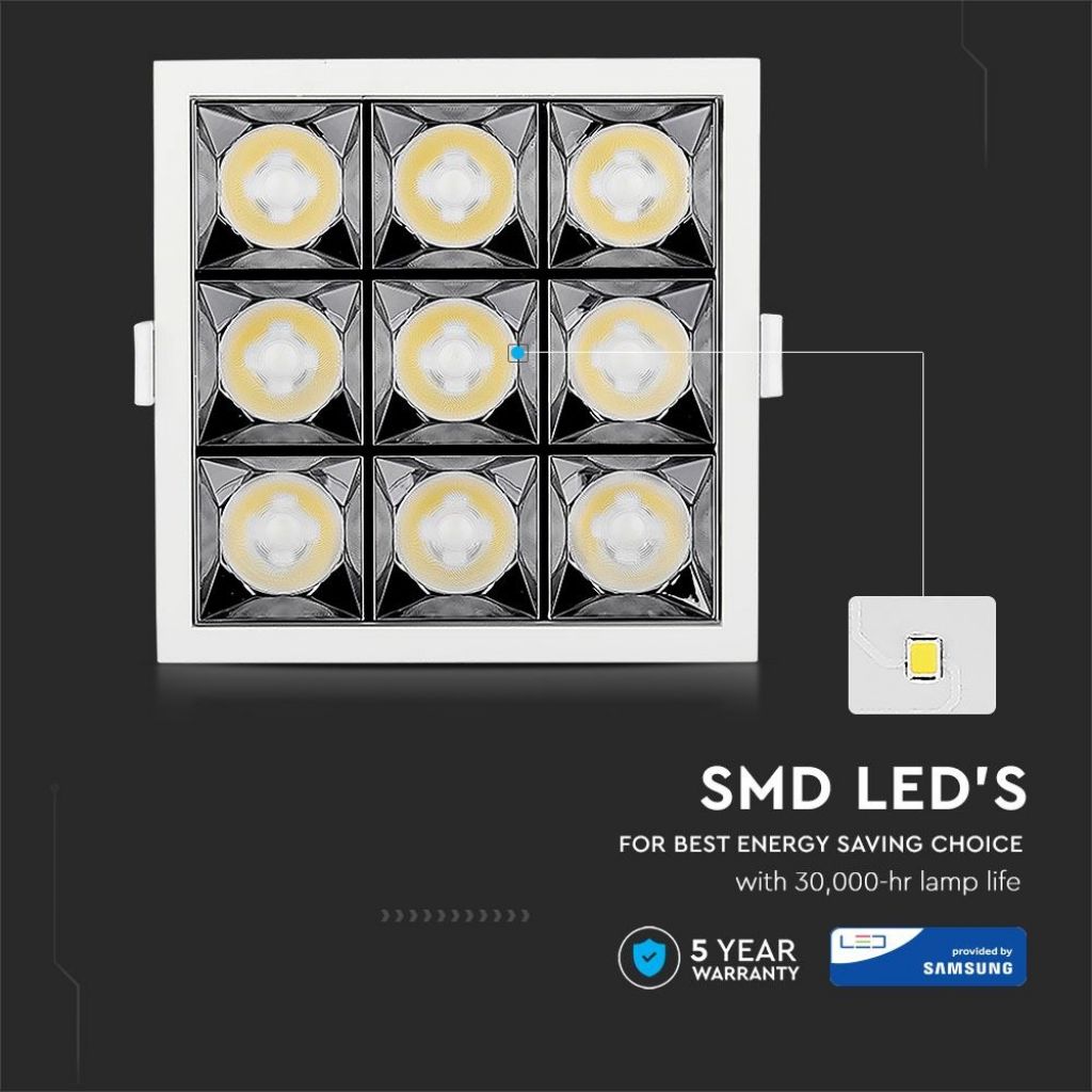 V-TAC PRO Faretto LED Chip Samsung da Incasso 36W (9*4W) UGR<19 12° 4000K CRI>90