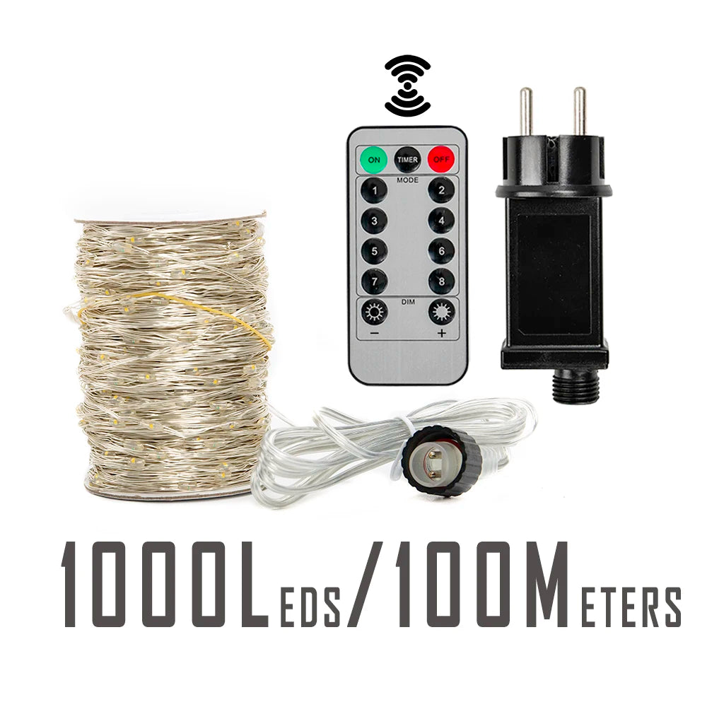 Filo luminoso da 10 mt con 100 LED fino a 200mt con 2000 LED, string Lights Plug-In impermeabile per festa di natale e giochi di luci all'aperto