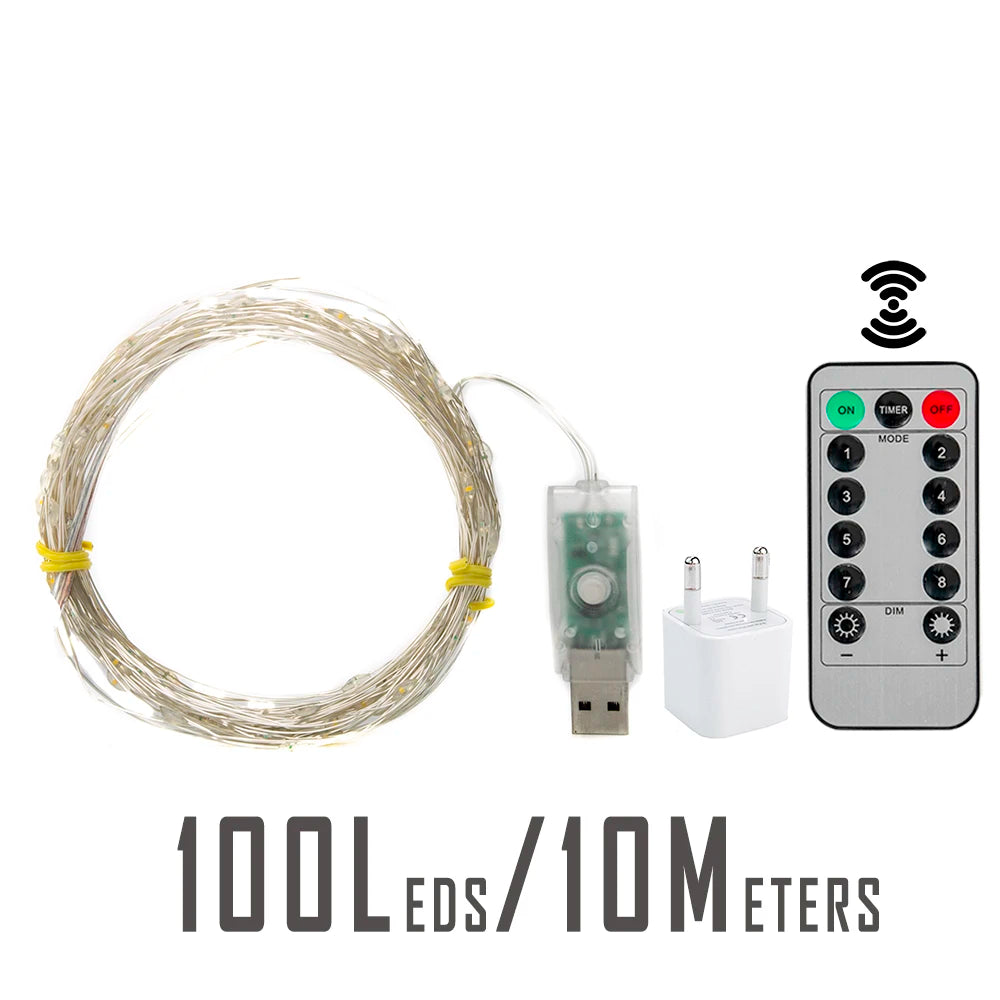 Filo luminoso da 10 mt con 100 LED fino a 200mt con 2000 LED, string Lights Plug-In impermeabile per festa di natale e giochi di luci all'aperto