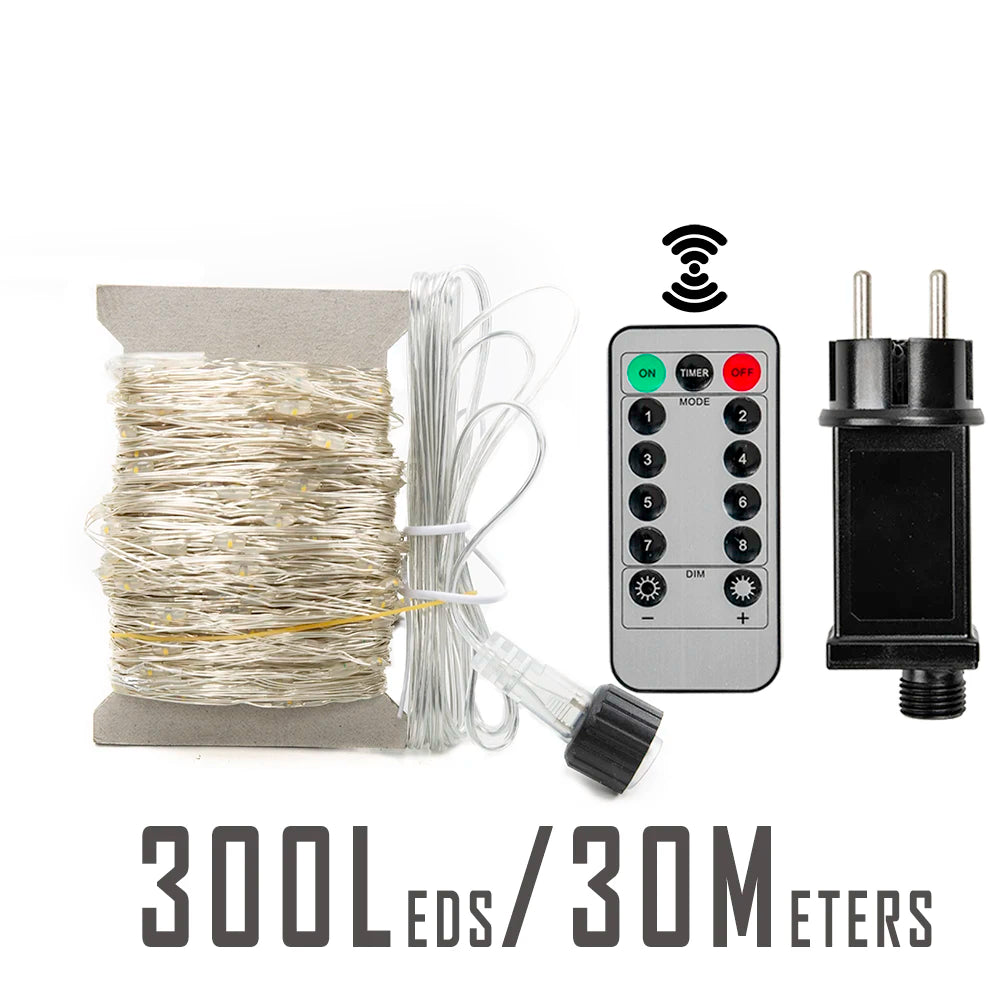 Filo luminoso da 10 mt con 100 LED fino a 200mt con 2000 LED, string Lights Plug-In impermeabile per festa di natale e giochi di luci all'aperto