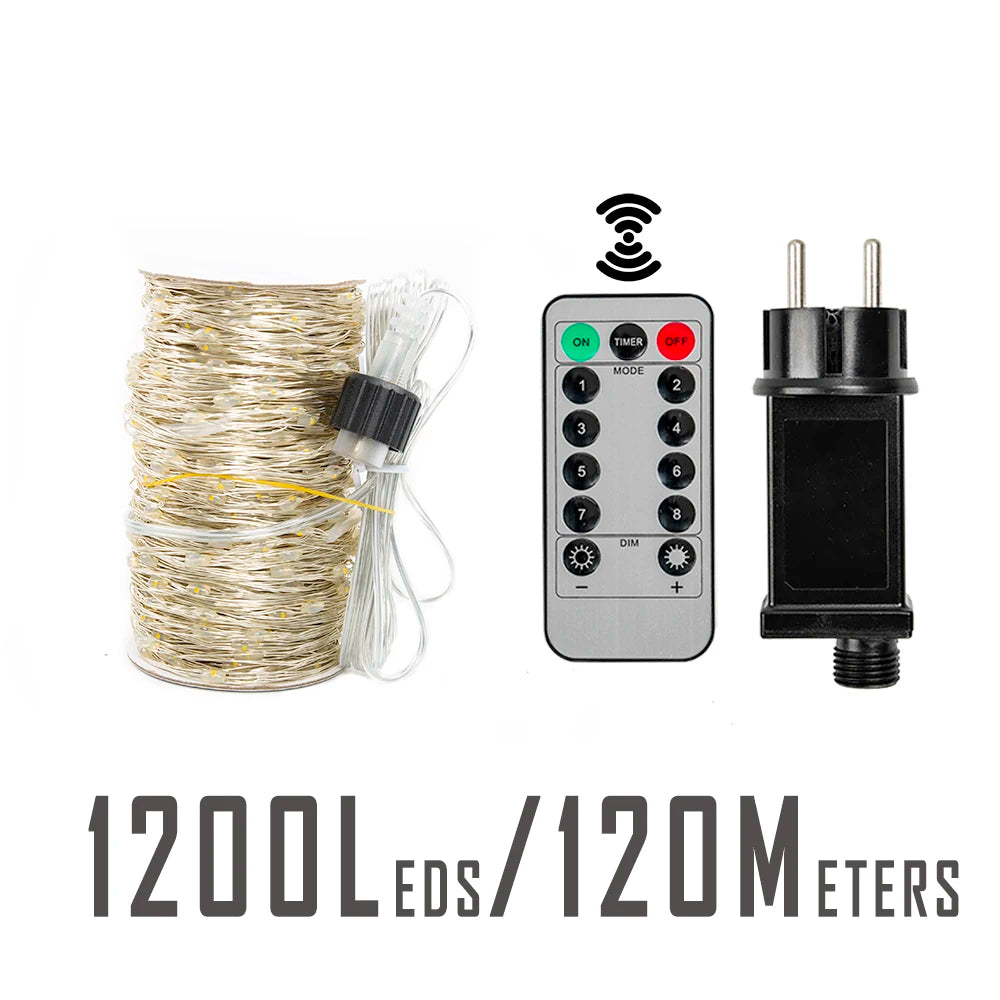 Filo luminoso da 10 mt con 100 LED fino a 200mt con 2000 LED, string Lights Plug-In impermeabile per festa di natale e giochi di luci all'aperto