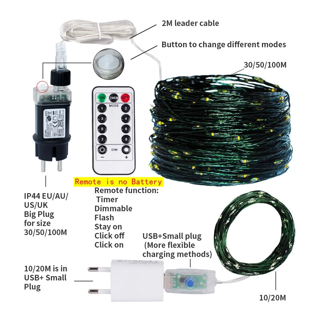 100M LED String Lights Fairy Green Wire Outdoor Christmas Lights Tree Garland For New Year Street Home Party Wedding Decoration