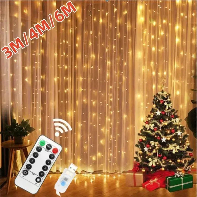 6x3M/3x3m Tenda Ghirlanda sulla finestra Alimentazione USB Lucine Festone con telecomando Ghirlanda di Capodanno Luci a LED Decorazioni natalizie