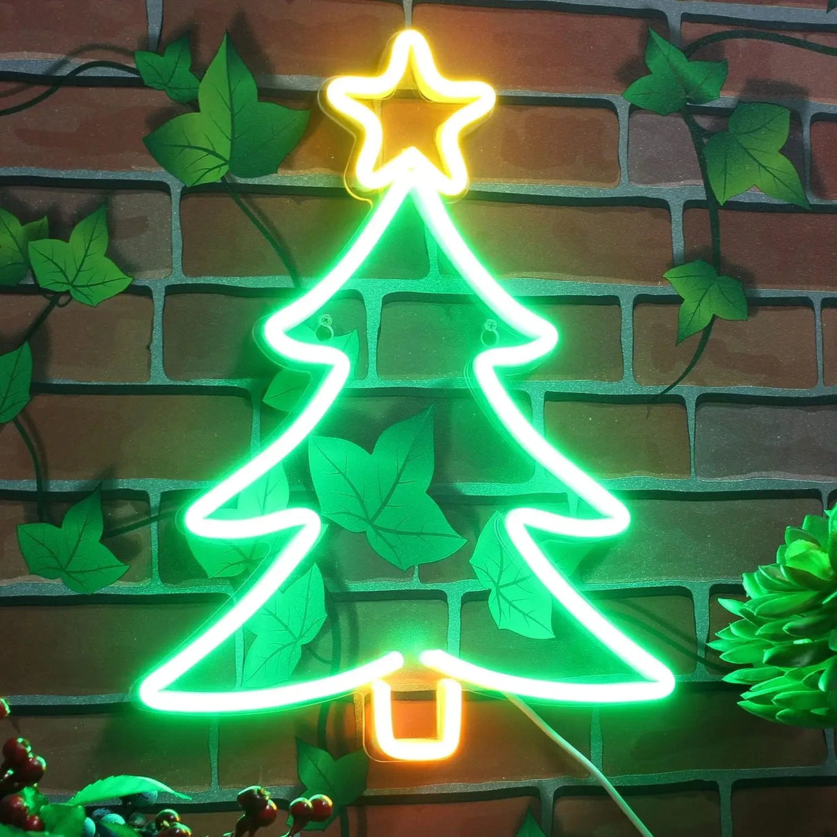 Insegna al Neon dell'albero di natale per la decorazione delle finestre o della parete. La luce al Neon ha una luminosità regolabile ed è alimentata tramite USB, colore luce calda 2700°K