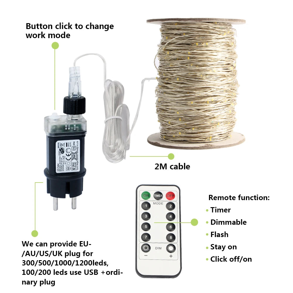 50M 100M LED Luci della stringa Filo d'argento Lucine Ghirlanda per Capodanno all'aperto Festa di Natale Strada Decorazione dell'albero di casa