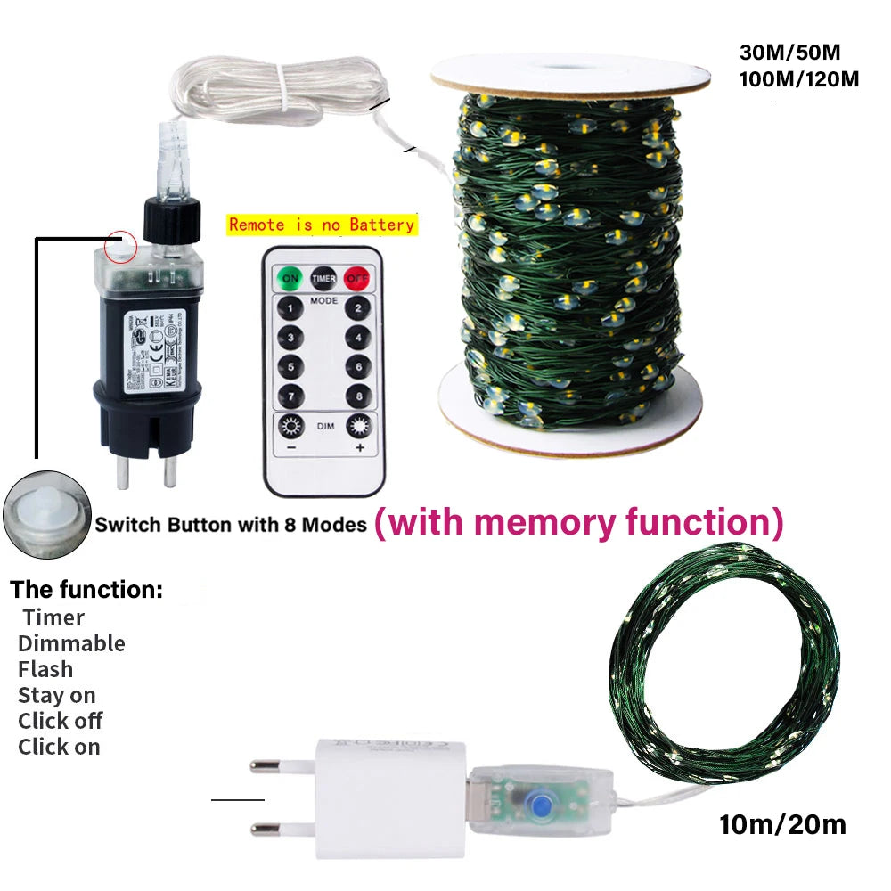 50M 100M LED Luci della stringa Filo d'argento Lucine Ghirlanda per Capodanno all'aperto Festa di Natale Strada Decorazione dell'albero di casa