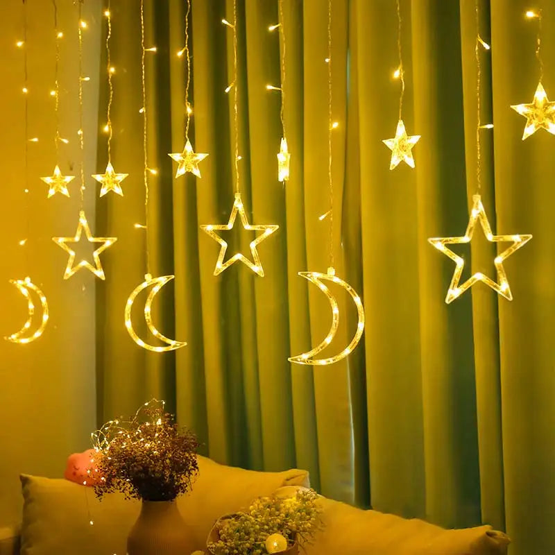 Decorazione luminosa 3,5 m LED Garland Curtain luci String 220V, Luna e Stella, luce per finestra, ideale anche per feste