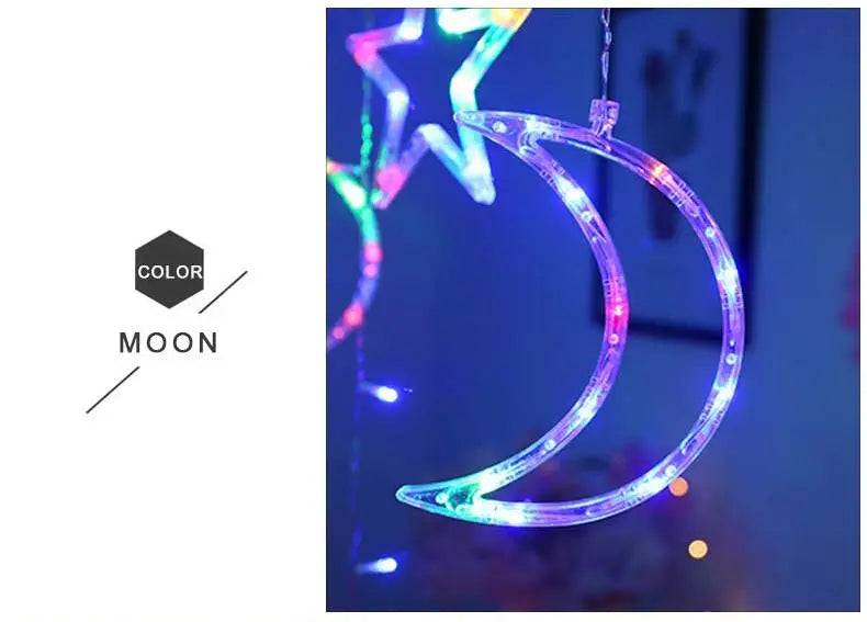 Decorazione luminosa 3,5 m LED Garland Curtain luci String 220V, Luna e Stella, luce per finestra, ideale anche per feste