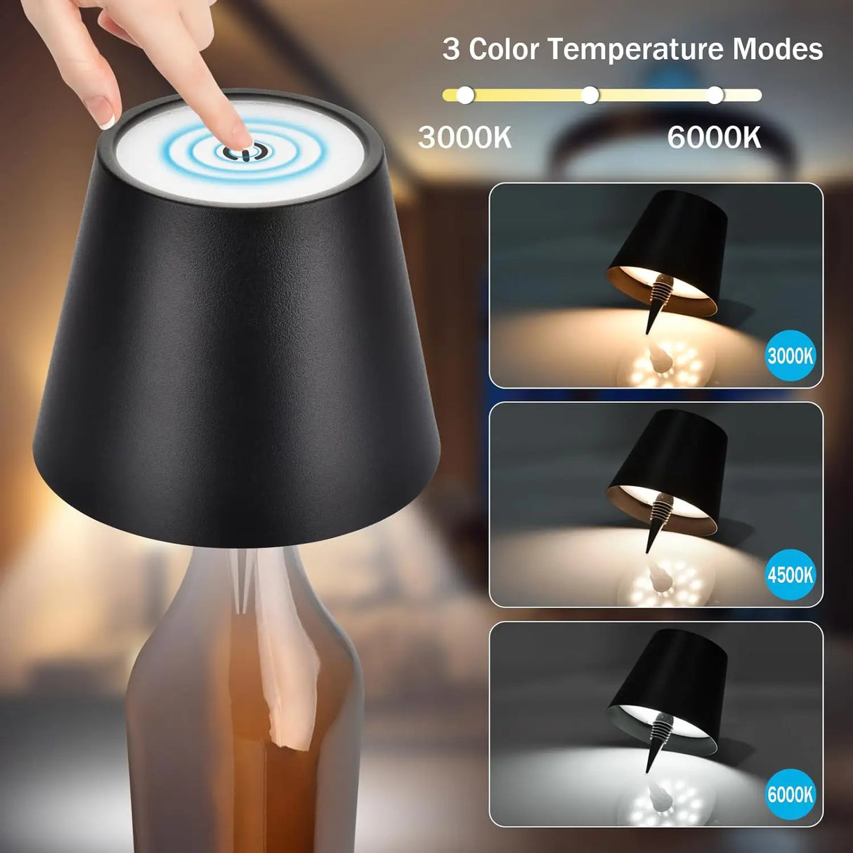 Lampada da tavolo per bottiglie senza fili Touch Control di 3 colori e lampada da notte con regolazione continua adatta per luci da scrivania per bottiglie di vino da bar