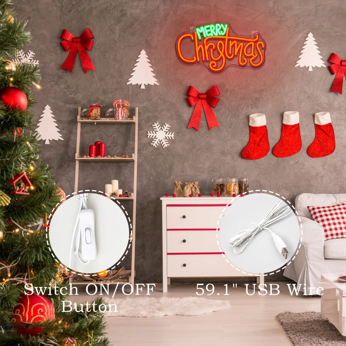 Insegna luminosa al neon Rosso e Verde Led, scritta Merry Christmas dimmerabile per la decorazione della parete. Insegna luminosa per camera da letto, festa, decorazioni natalizia. Ottima idea regalo per bambini