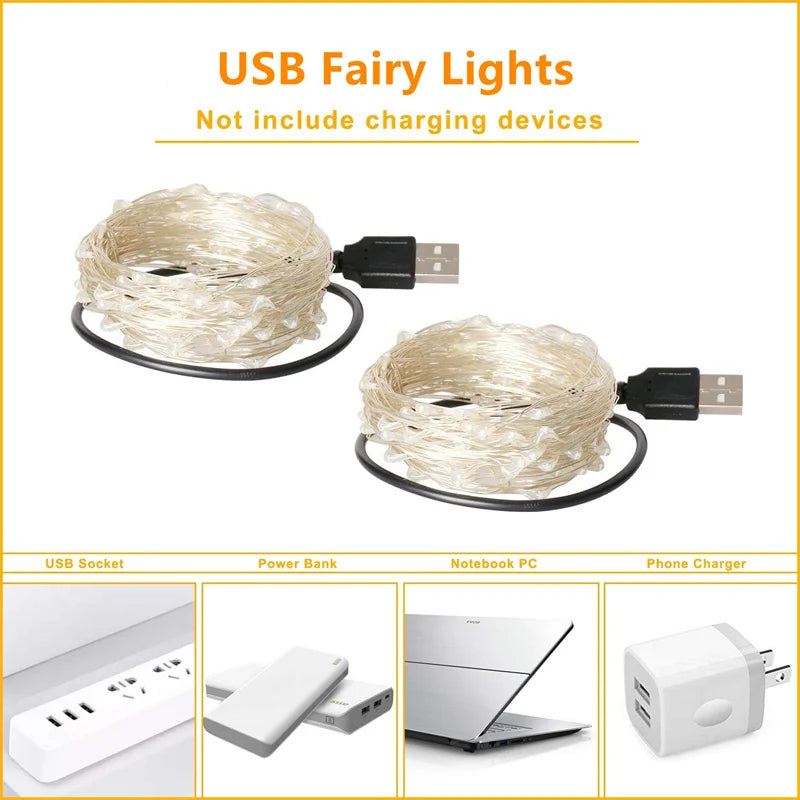USB Led Fairy Lights filo di rame String 20M 200LED Holiday Outdoor Lamp Garland per la decorazione della festa nuziale dell'albero di natale
