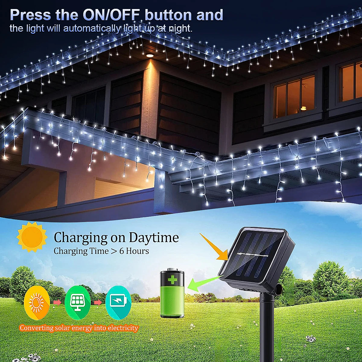 1PC LED Solar Icicle String Lights 7M/23ft luce per tende impermeabile per balcone Patio Yard Garden Party decorazioni natalizie all'aperto